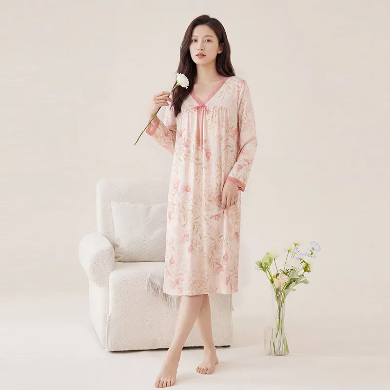 芬腾纯棉蕾丝V领碎花睡裙中长款（细节图 1）