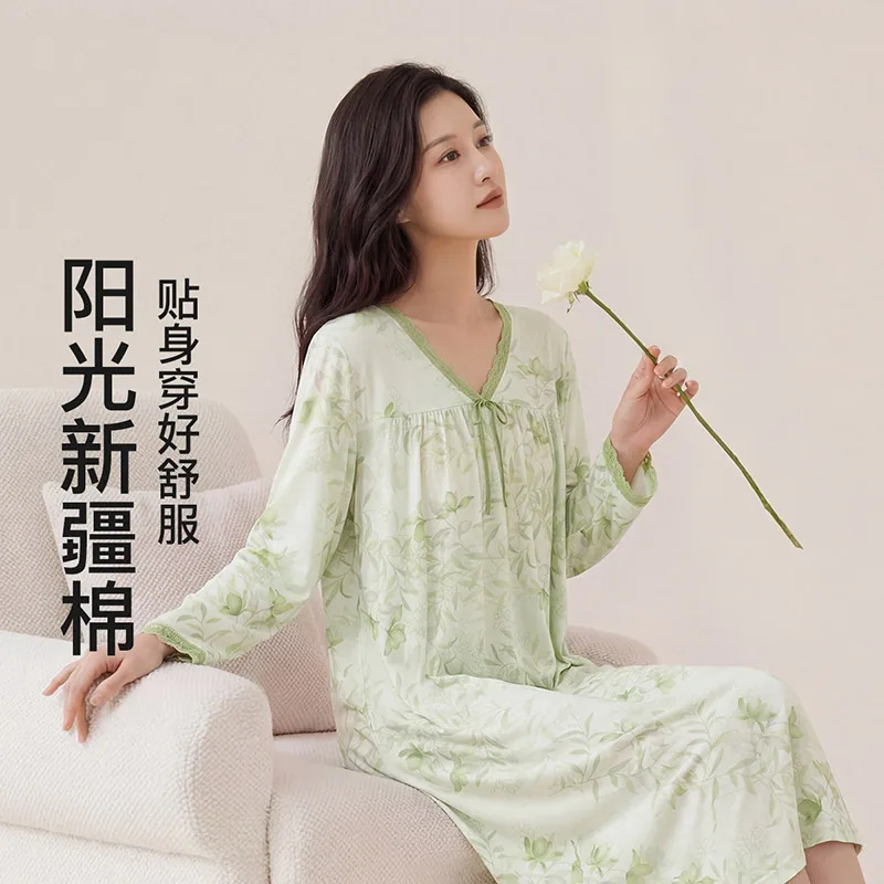 芬腾纯棉蕾丝V领碎花睡裙中长款（细节图 2）