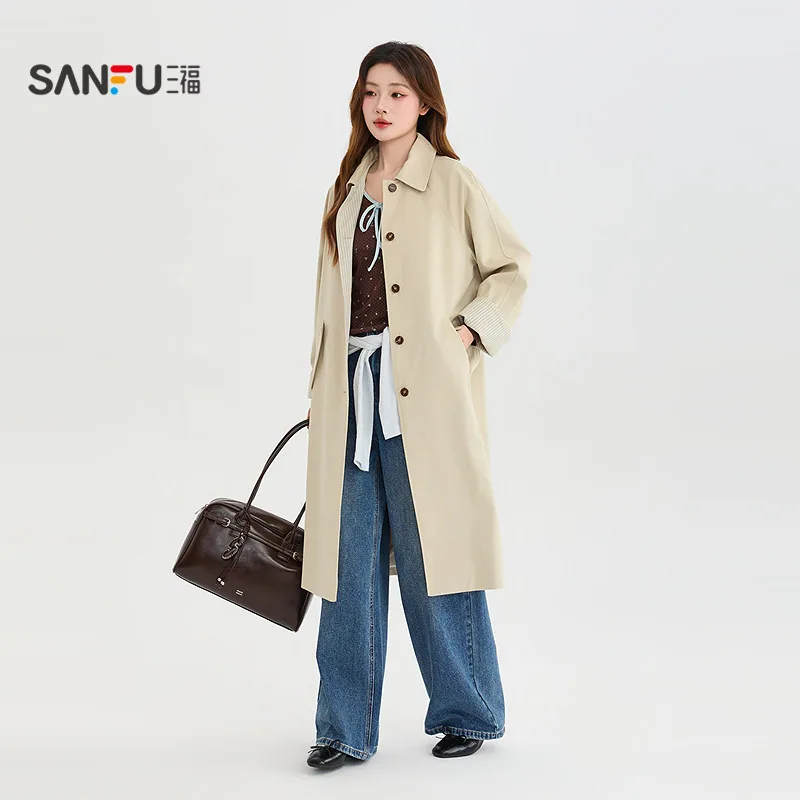 三福2026秋简约风衣女单排扣翻领外套S-XXL（细节图 1）