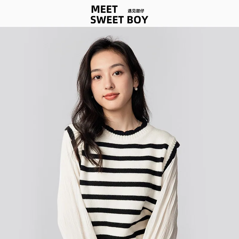 MEETSWEETBOY法式条纹假两件针织衫