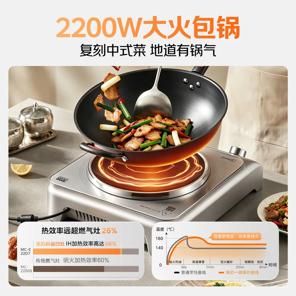 美的凹面电磁炉2200W家用炒菜锅一体