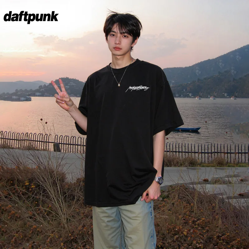 daftpunk疯庞克草写刺绣短袖
