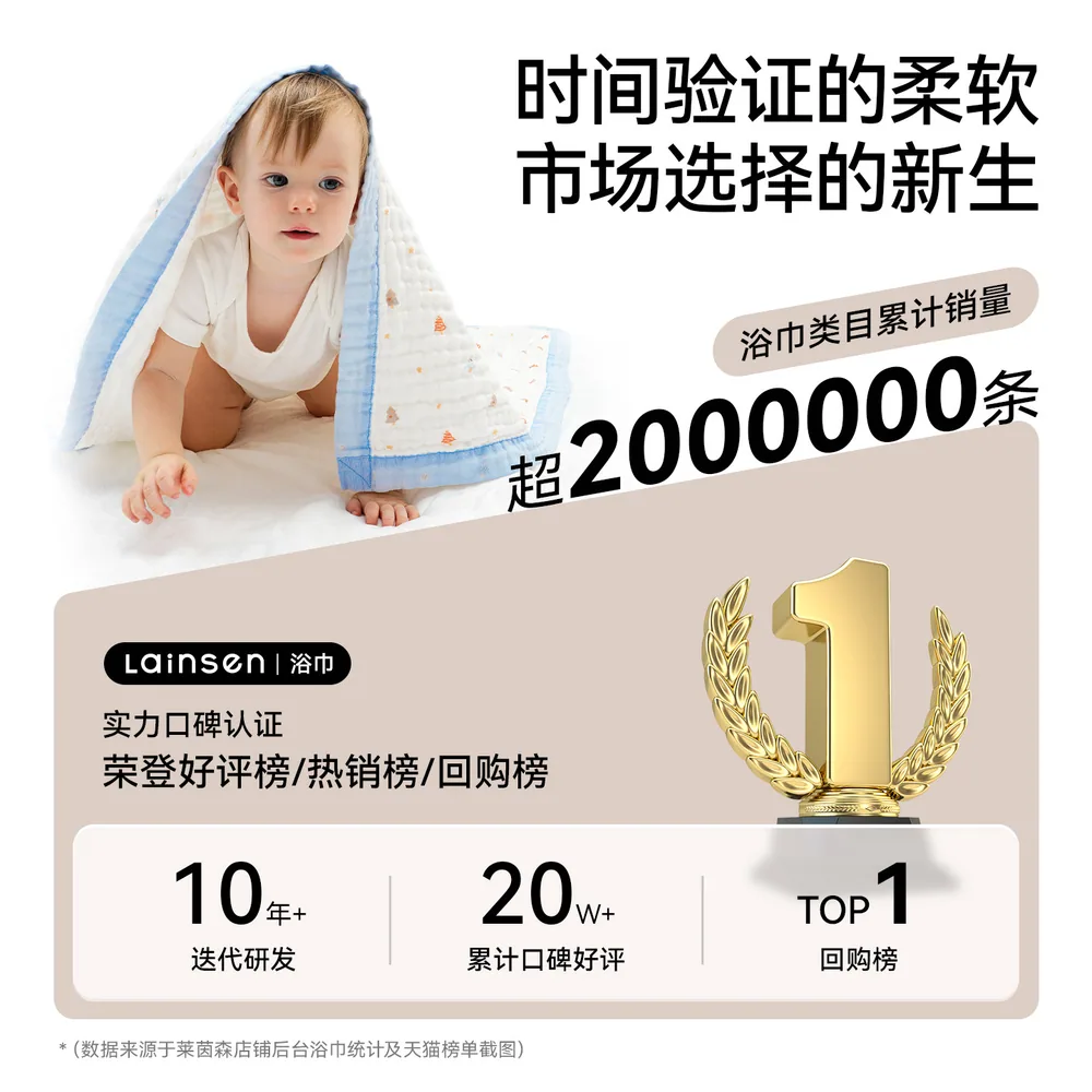 莱茵森母婴婴儿纯棉纱布浴巾 吸水超柔可当盖毯