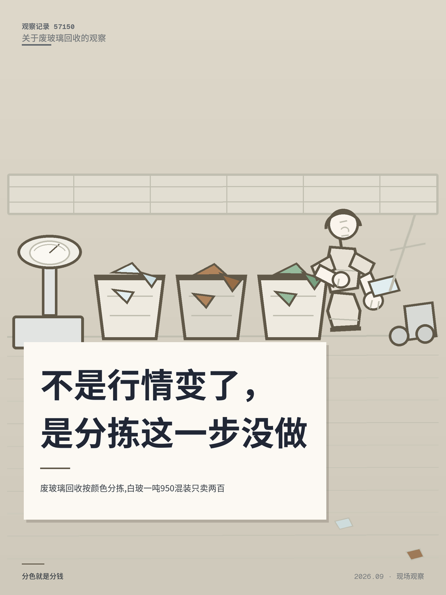 废玻璃回收按颜色分拣,白玻一吨950混装只卖两百