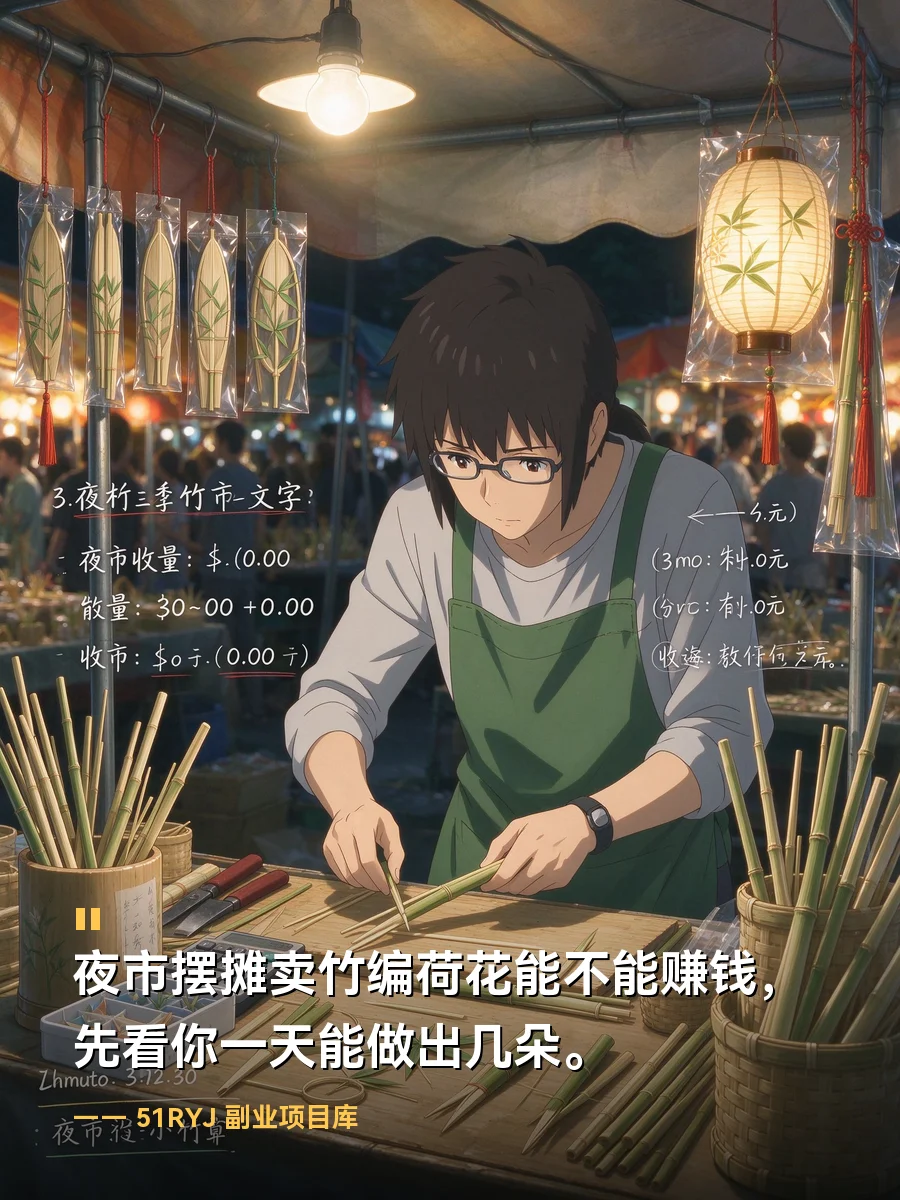 夜市摆摊卖竹编荷花能不能赚钱，先看你一天能做出几朵
