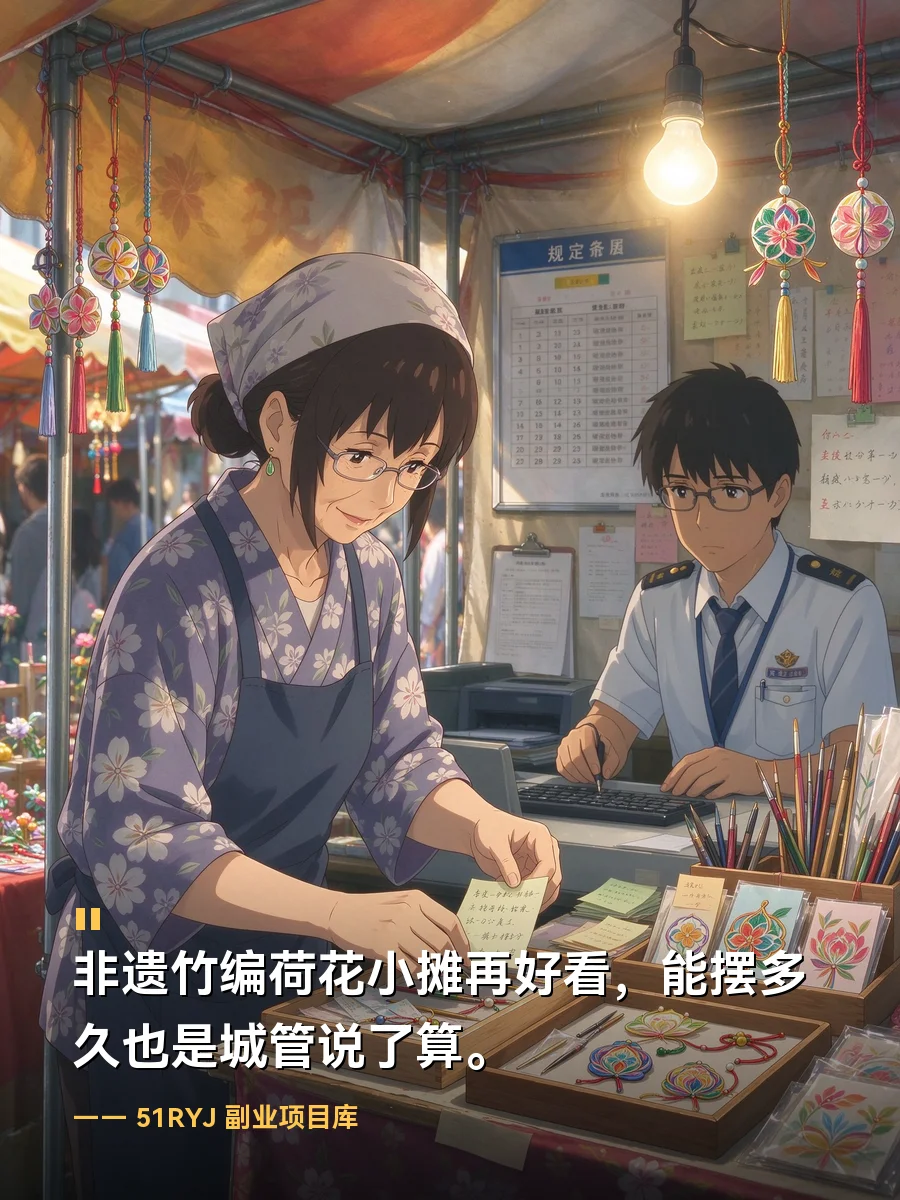 非遗竹编荷花小摊再好看，能摆多久也是城管说了算