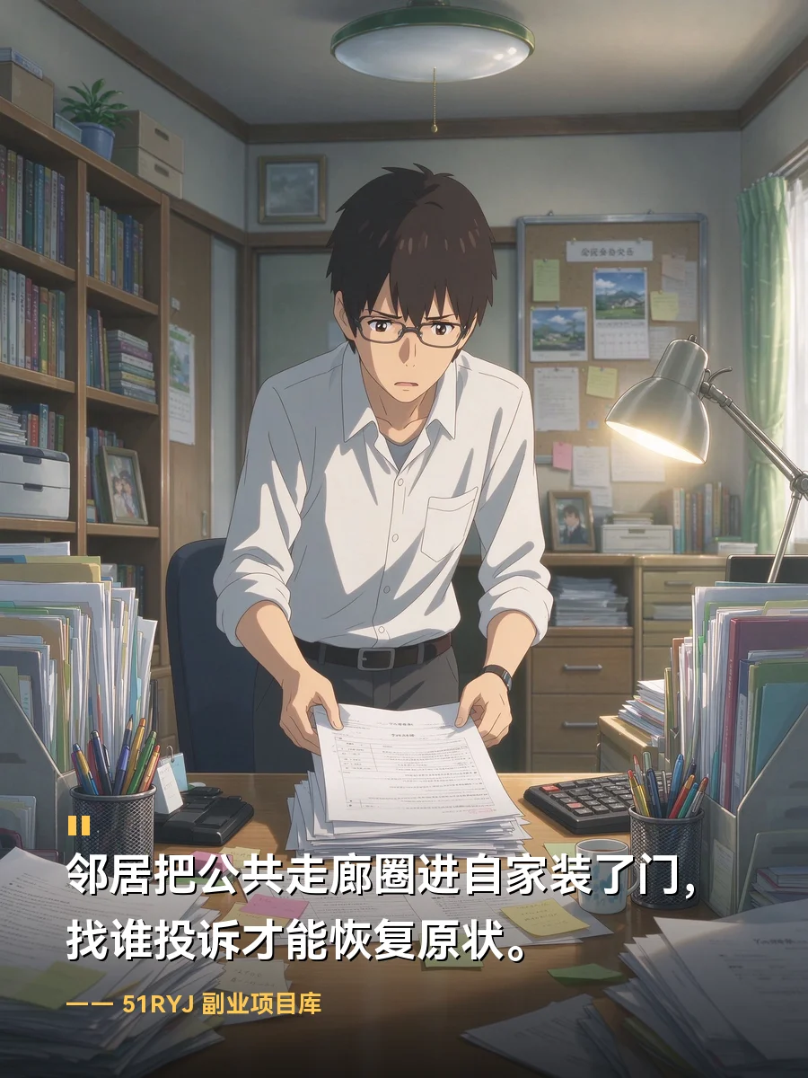 邻居把公共走廊圈进自家装了门，找谁投诉才能恢复原状
