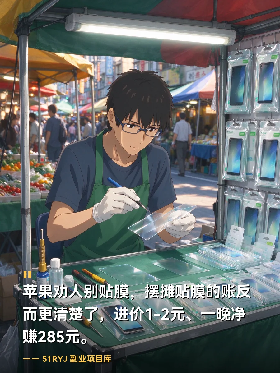 苹果劝人别贴膜，摆摊贴膜的账反而更清楚了：进价1-2元、一晚净赚285元