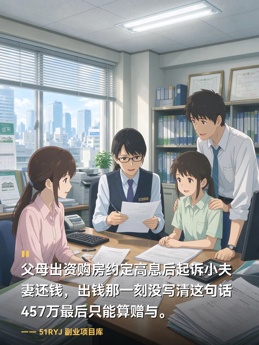 父母出资购房、约定高息后起诉小夫妻还钱：出钱那一刻没写清这句话，457 万最后只能算赠与