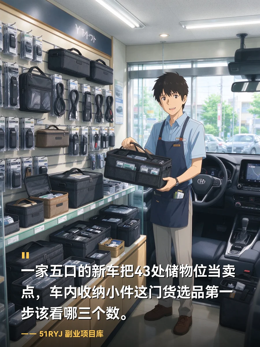 「一家五口」的新车把43处储物位当卖点：车内收纳小件这门货，选品第一步该看哪三个数