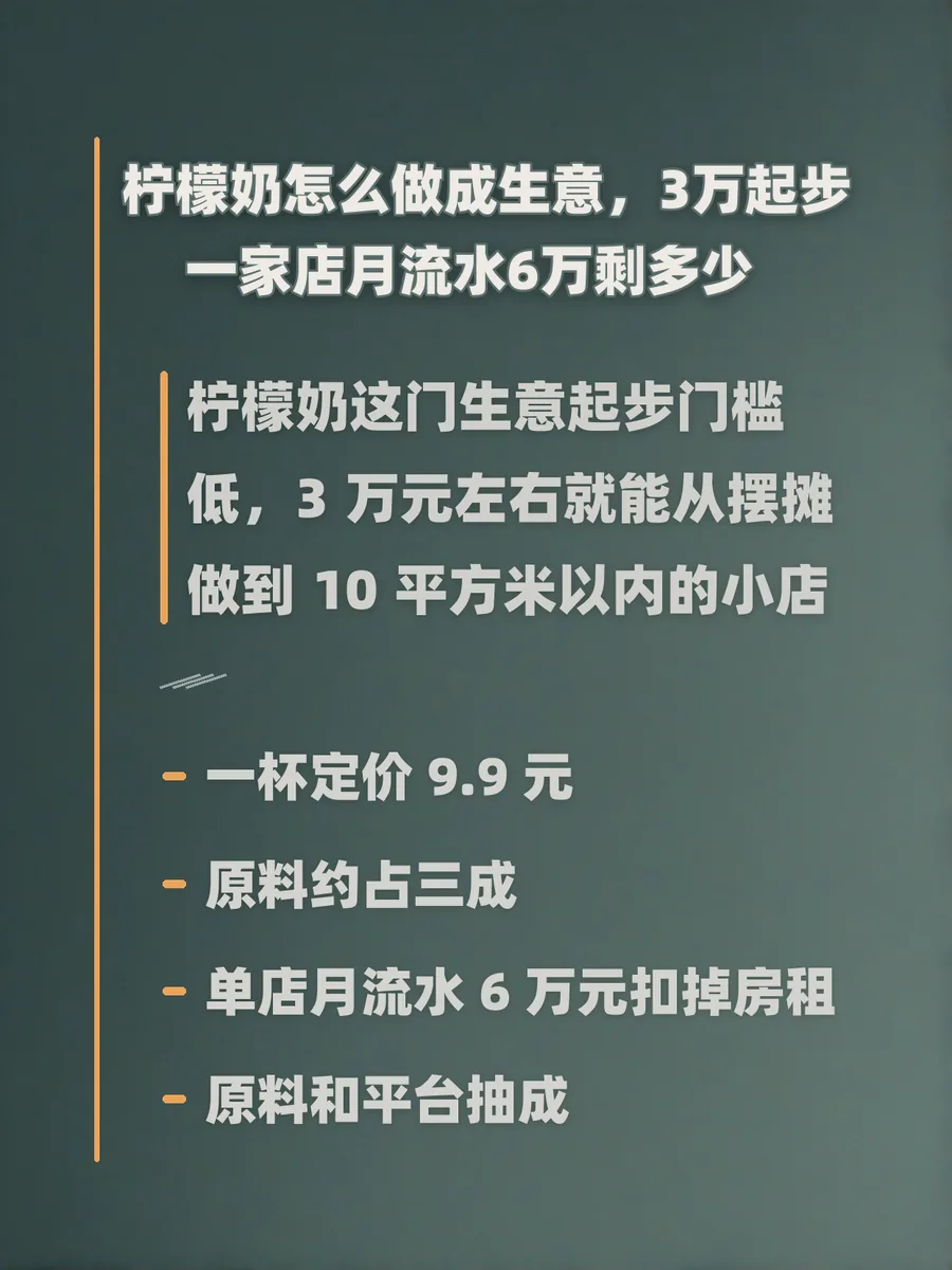 柠檬奶怎么做成生意：3万起步，一家店月流水6万剩多少