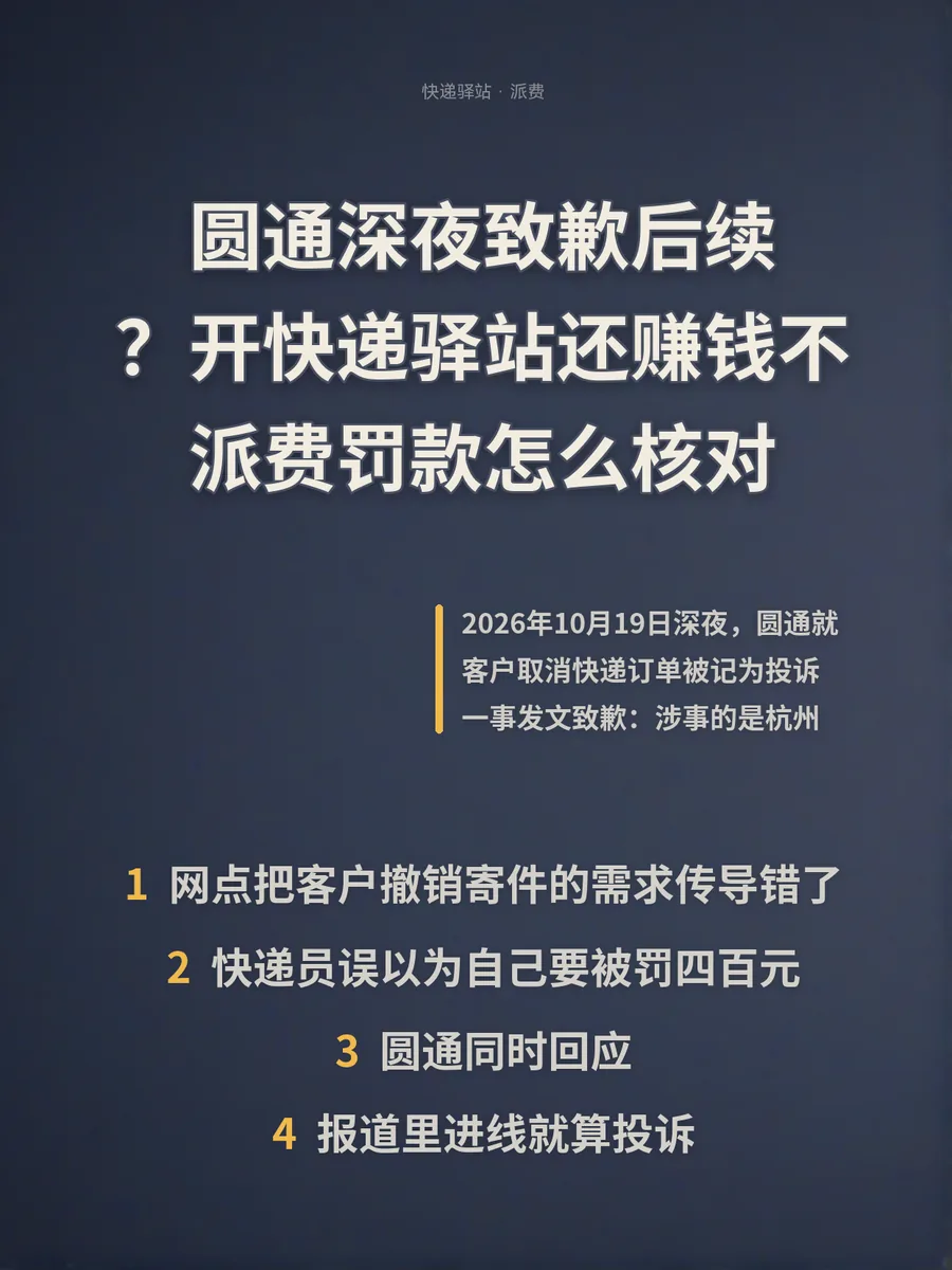圆通深夜致歉后续？开快递驿站还赚钱不，派费罚款怎么核对