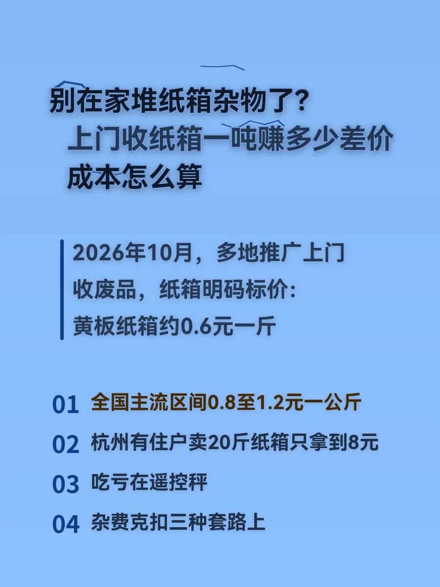 别在家堆纸箱杂物了？上门收纸箱一吨赚多少差价、成本怎么算
