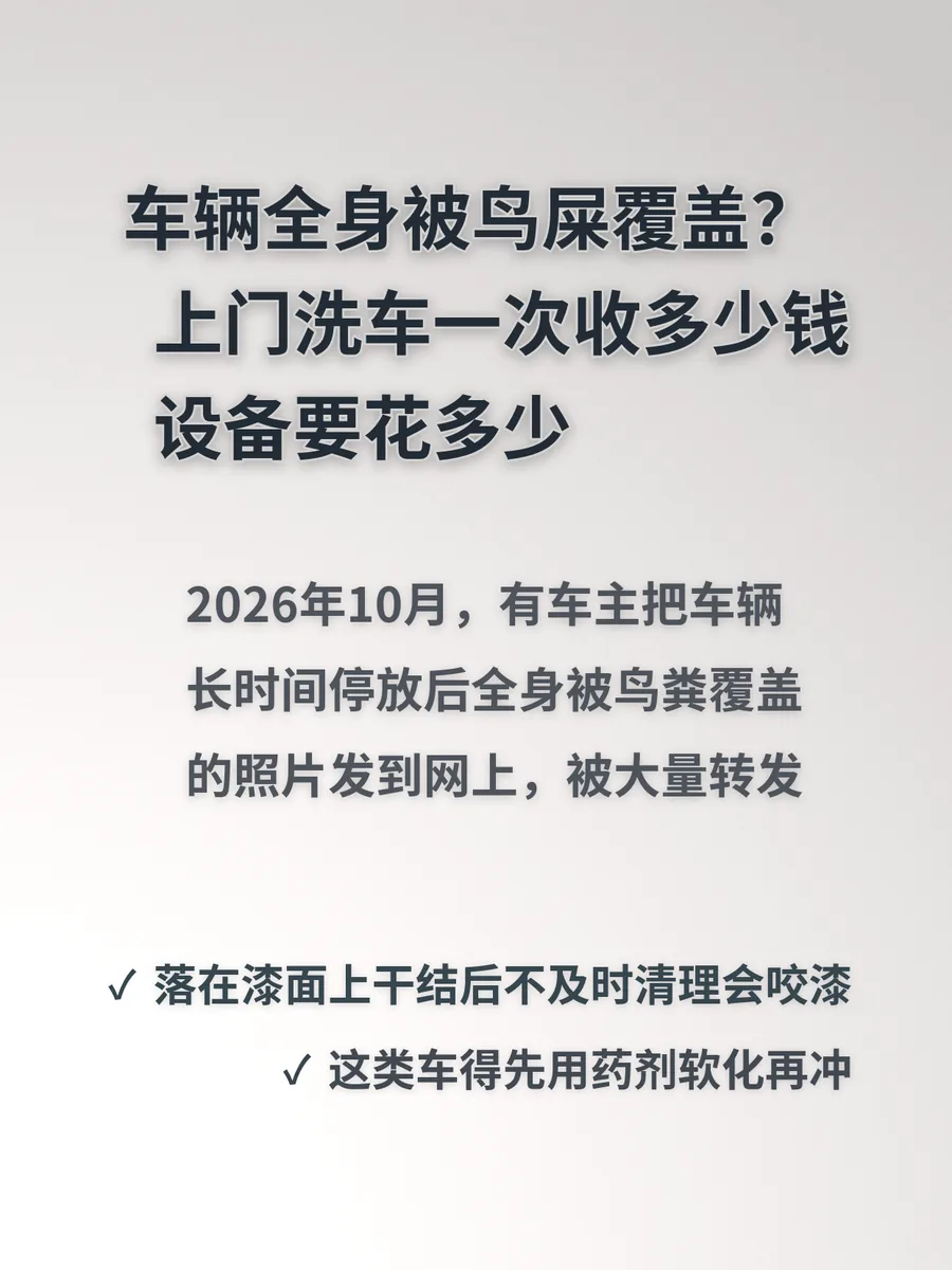 车辆全身被鸟屎覆盖？上门洗车一次收多少钱、设备要花多少