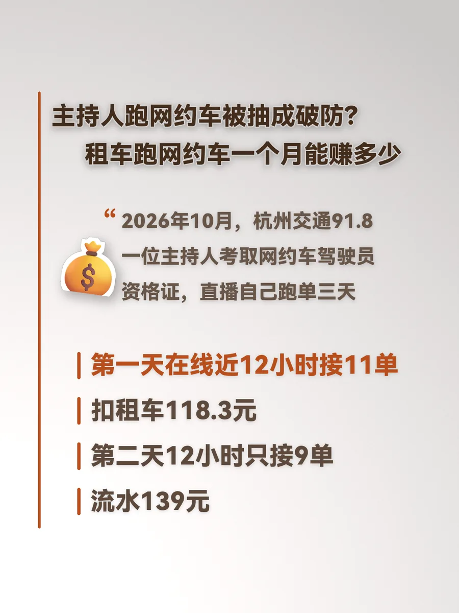 主持人跑网约车被抽成破防？租车跑网约车一个月能赚多少
