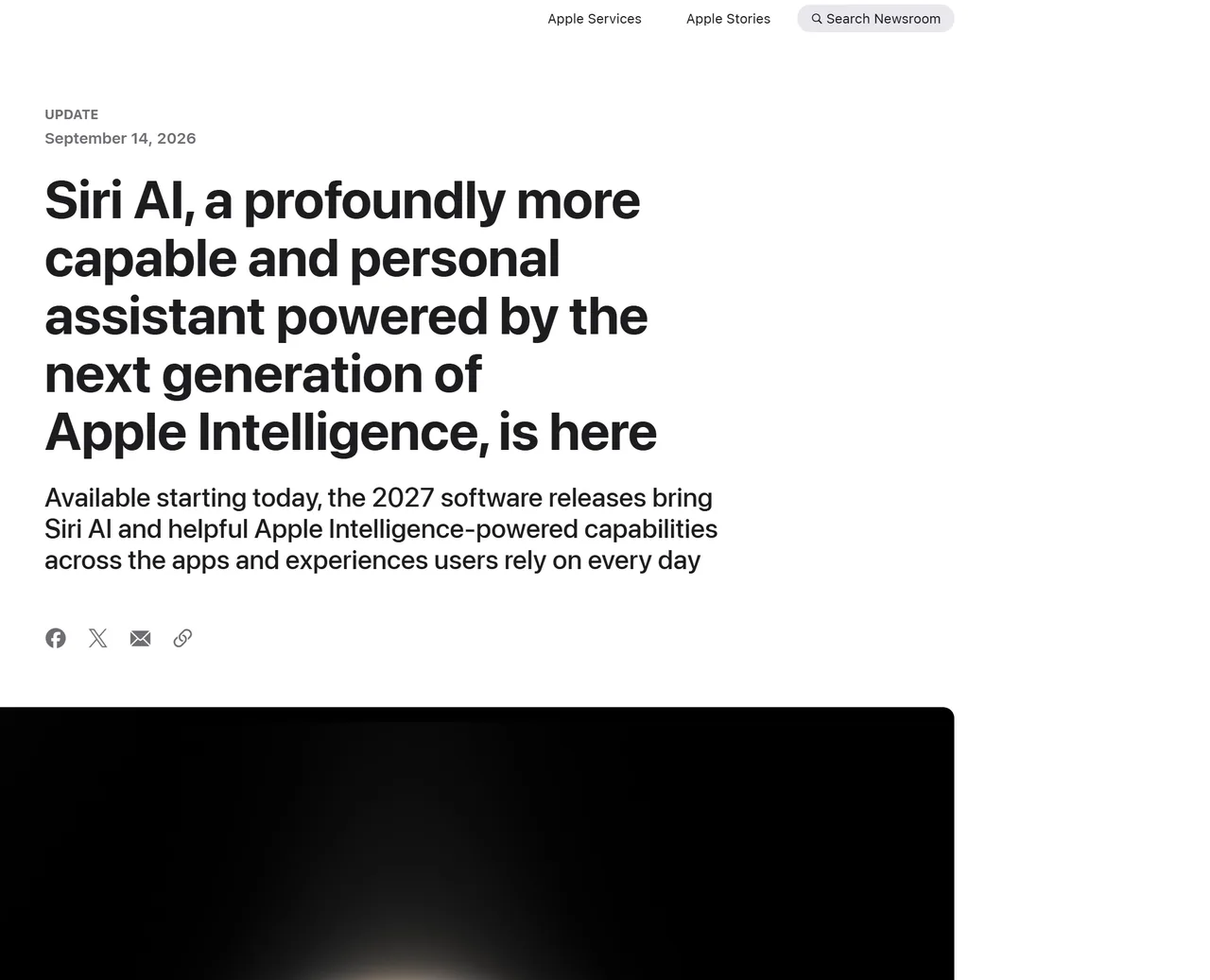 苹果新闻室刊发的新版 Siri AI 发布公告页面